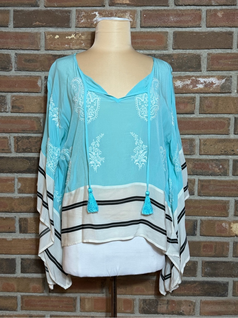 Anthropologie Floreat Embroidered Boho Caftan Top Turquoise Tassel Dolman M